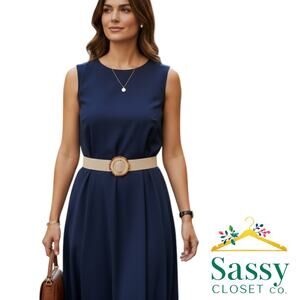 Tan Woven Straw Belt Multicolor Circular Buckle Boho Chic 37.4” Length